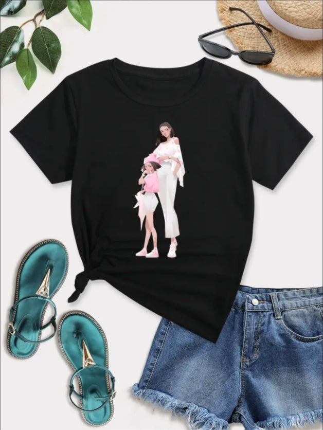 Girls' Cartoon Print Sporty T-Shirt - Crew Neck, Short Sleeve - Perfect For Summer Play & Casual Wear