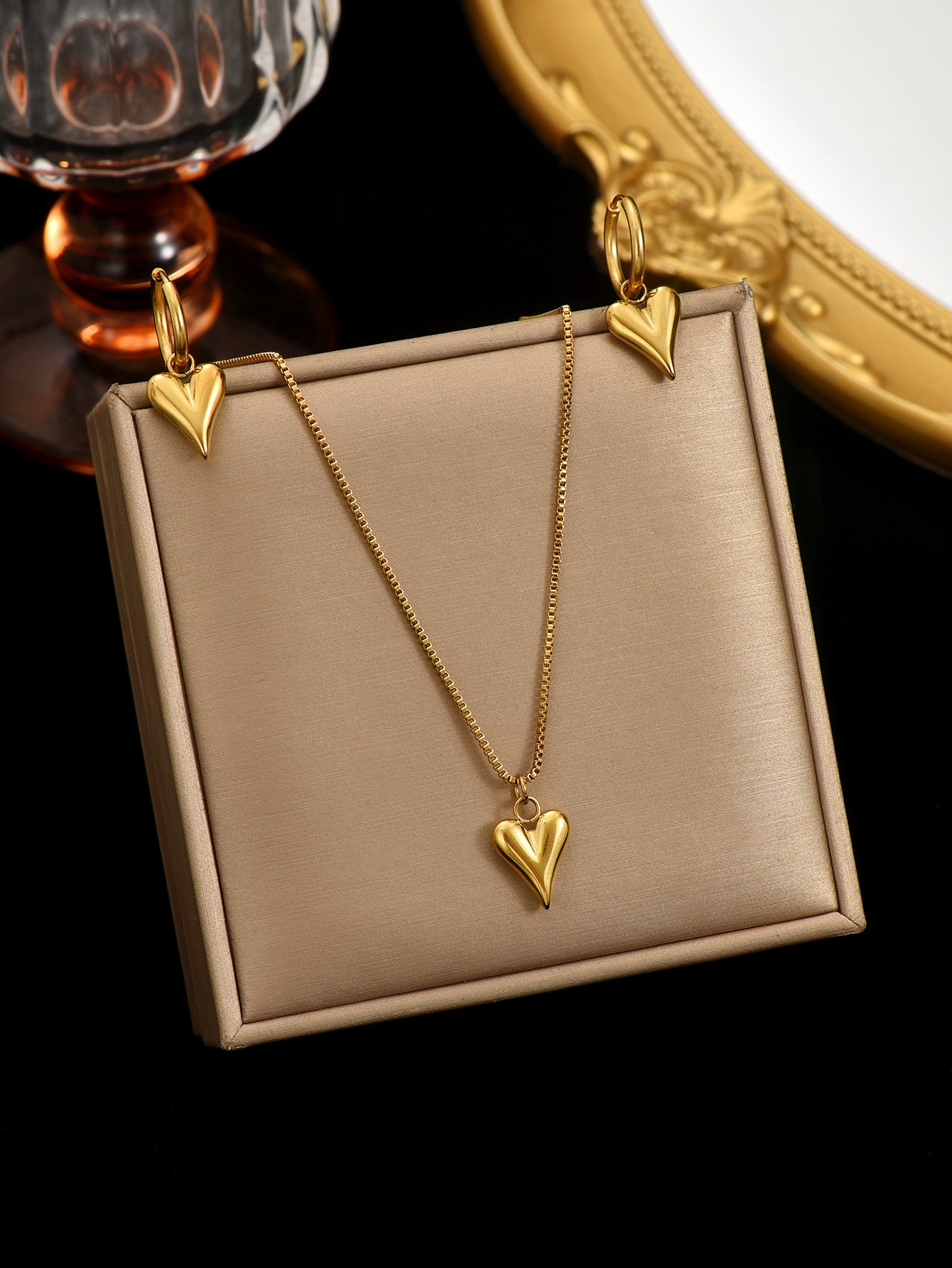 Lxalty 18K Gold Plated Stainless Steel Heart Jewelty Set For Women-Waterproof Hypoallergenic Necklace&Earrings Gift For Girlfriend Birthday Wedding Anniversary Daily Wear