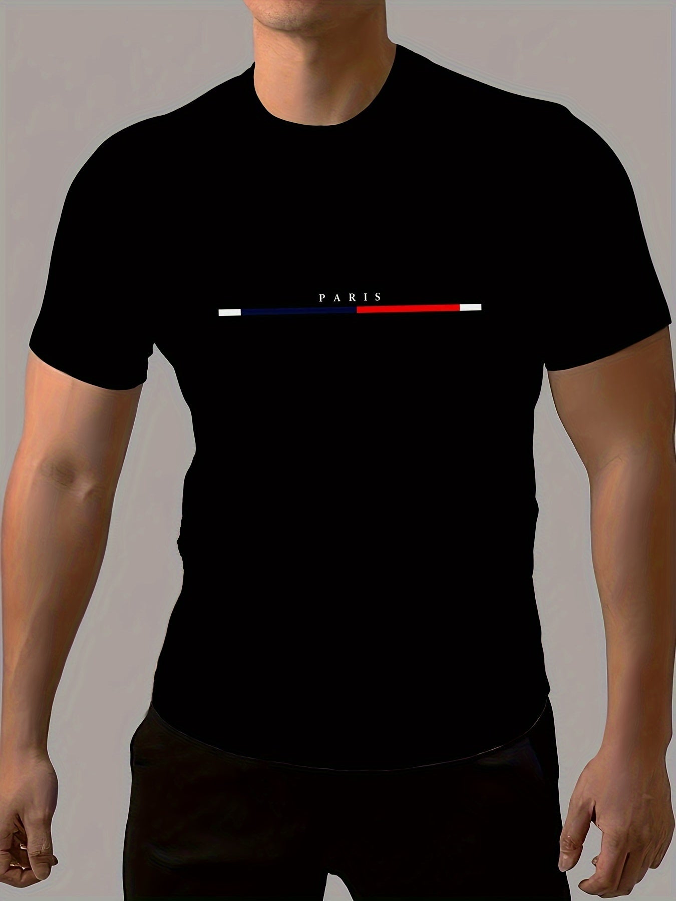 Men's Paris Letter Printed And Striped Round Neck And Short Sleeved T-shirt, A Casual And Fashionable Top For Summer Daily And Sports Casual Wear
