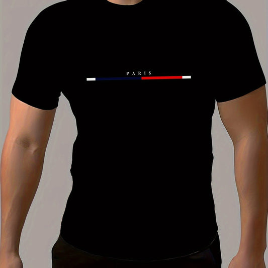 Men's Paris Letter Printed And Striped Round Neck And Short Sleeved T-shirt, A Casual And Fashionable Top For Summer Daily And Sports Casual Wear