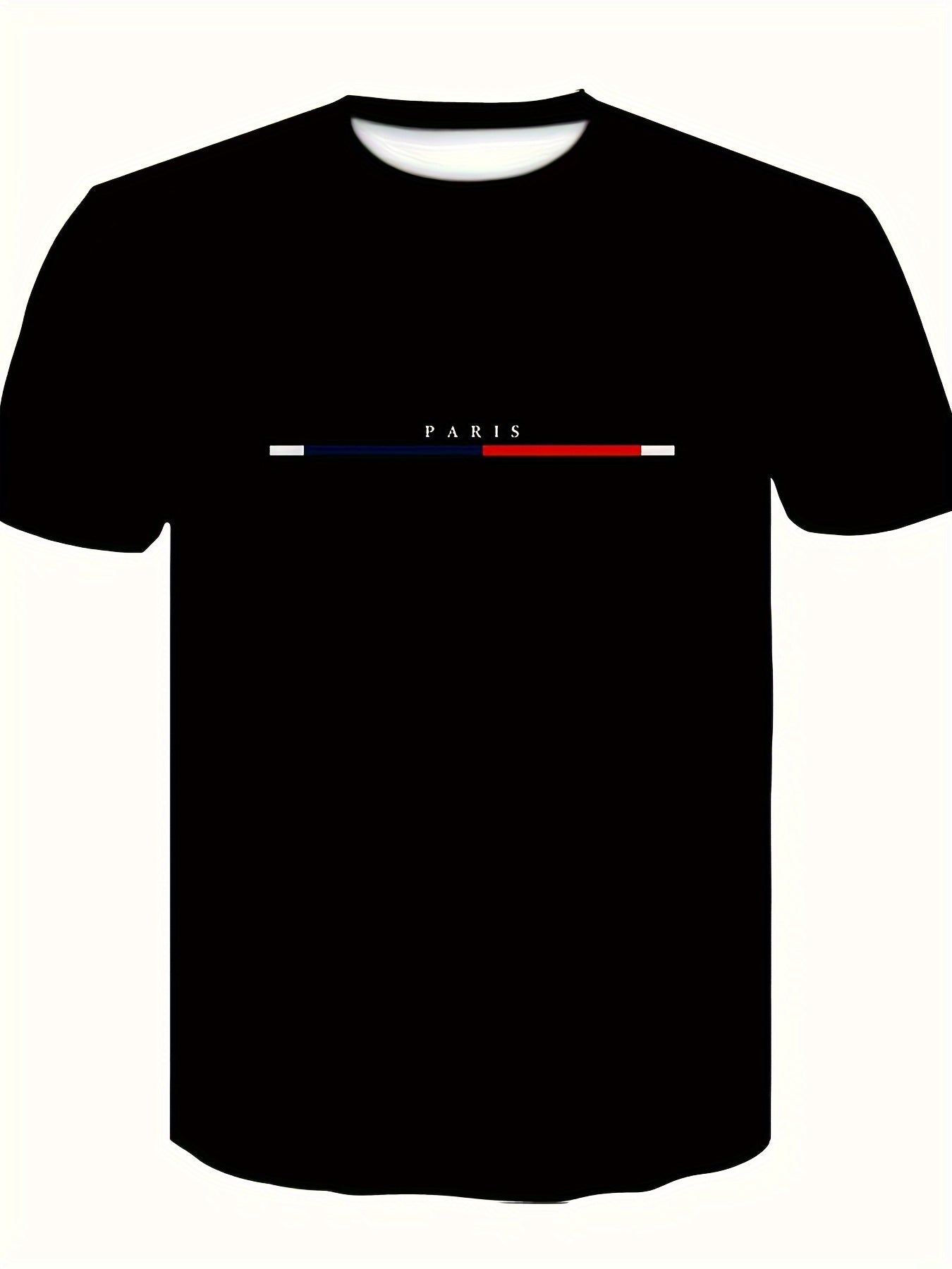 Men's Paris Letter Printed And Striped Round Neck And Short Sleeved T-shirt, A Casual And Fashionable Top For Summer Daily And Sports Casual Wear